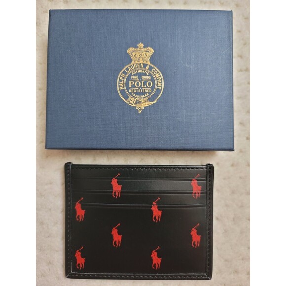 Polo Ralph Lauren Black Red Leather Card Case Wallet Pony Logo Print & Gift Box